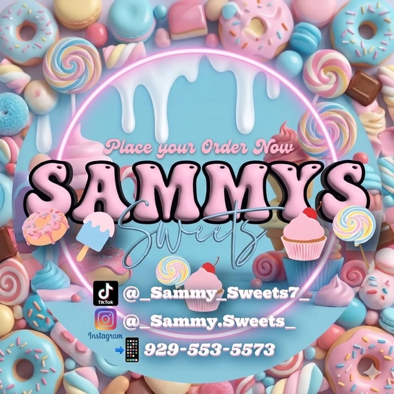 Colorful candy promotional graphic for Sammys Sweets bakery with donuts, lollipops, cupcakes and contact information on pastel background