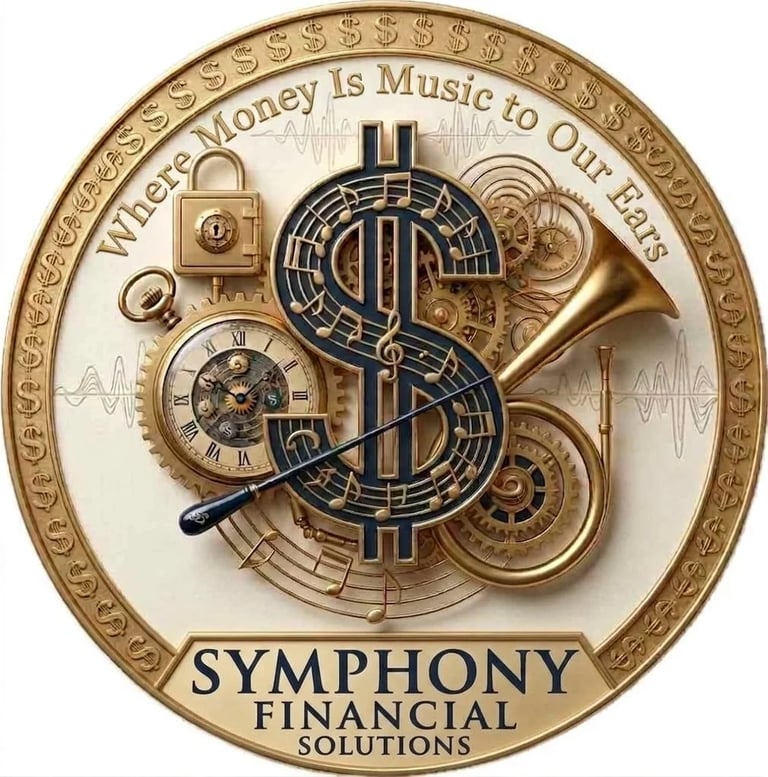 Symphony Financial Solutions logo featuring a dollar sign with musical instruments, clocks, and gears surrounding text about money and music