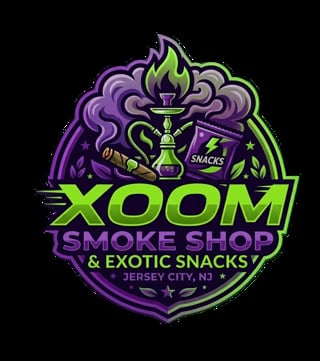 XOOM Smoke Shop & Exotic Snacks logo featuring purple and green design with hookah imagery, located in Jersey City, NJ